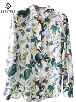 Birdtree 30% Silk 70%Cotton Shirt Women's Lapel Vintage Long Sleeves French Resort Style Loose Blouse Spring New T41118QD