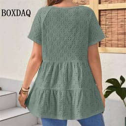 2024 Summer Blouses Women New Casual V-Neck Hollow Out Short Sleeve Shirts Female Vacation Solid Loose Fashion Patchwork Tops