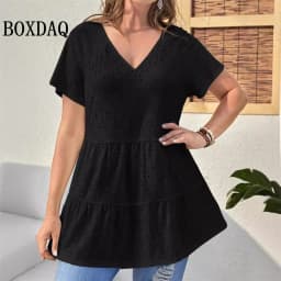 2024 Summer Blouses Women New Casual V-Neck Hollow Out Short Sleeve Shirts Female Vacation Solid Loose Fashion Patchwork Tops