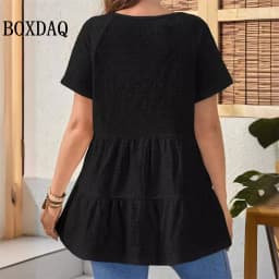 2024 Summer Blouses Women New Casual V-Neck Hollow Out Short Sleeve Shirts Female Vacation Solid Loose Fashion Patchwork Tops