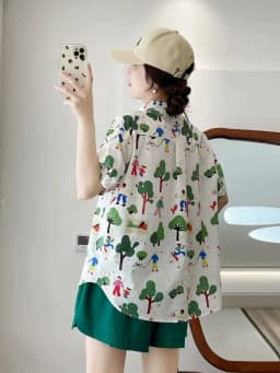 New Summer Cotton Short Sleeve Shirts Lapel Cartoon Tops Cute Girl Casual Sweet Loose Age Reduction Blouse 2024 Autumn T465105QC