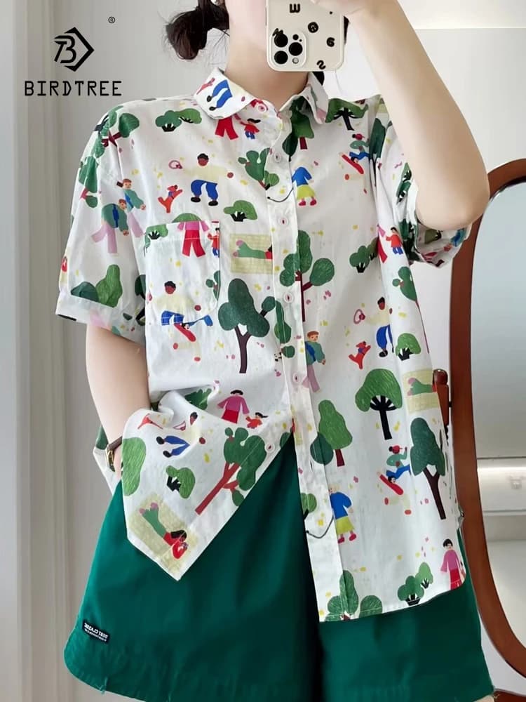 New Summer Cotton Short Sleeve Shirts Lapel Cartoon Tops Cute Girl Casual Sweet Loose Age Reduction Blouse 2024 Autumn T465105QC