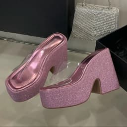 Pink Platform Heels Slippers 12cm Chunky Heeled Sandals For Woman PVC Clear Block Shoes Silver Summer Sandals Ladies Sandales