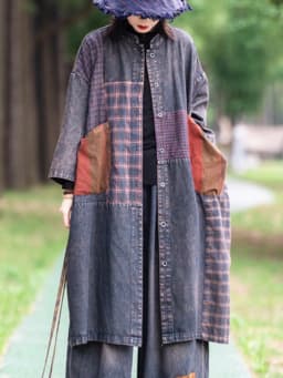 AmaxluluE 2025 Autumn Womens Leisure Loose Plaid Denim Trench British Vintage Classic Windbreakers Fashion Patchwork Long Coats