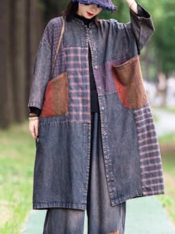 AmaxluluE 2025 Autumn Womens Leisure Loose Plaid Denim Trench British Vintage Classic Windbreakers Fashion Patchwork Long Coats