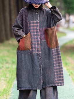 AmaxluluE 2025 Autumn Womens Leisure Loose Plaid Denim Trench British Vintage Classic Windbreakers Fashion Patchwork Long Coats