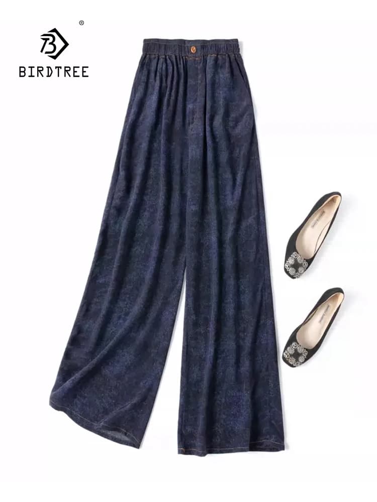 Birdtree, 100%Real Silk Wide Leg Jeans, Women High Waisted Solid, Loose Casual Commute Versatile Trousers, 2026 Summer B461105QC