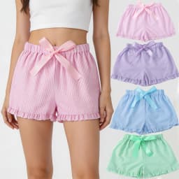 Seersucker Shorts For Women Striped Pink Shorts Ribbon Drawstring Shorts With Ruffle Trim Summer Clothes Short Pants Girl