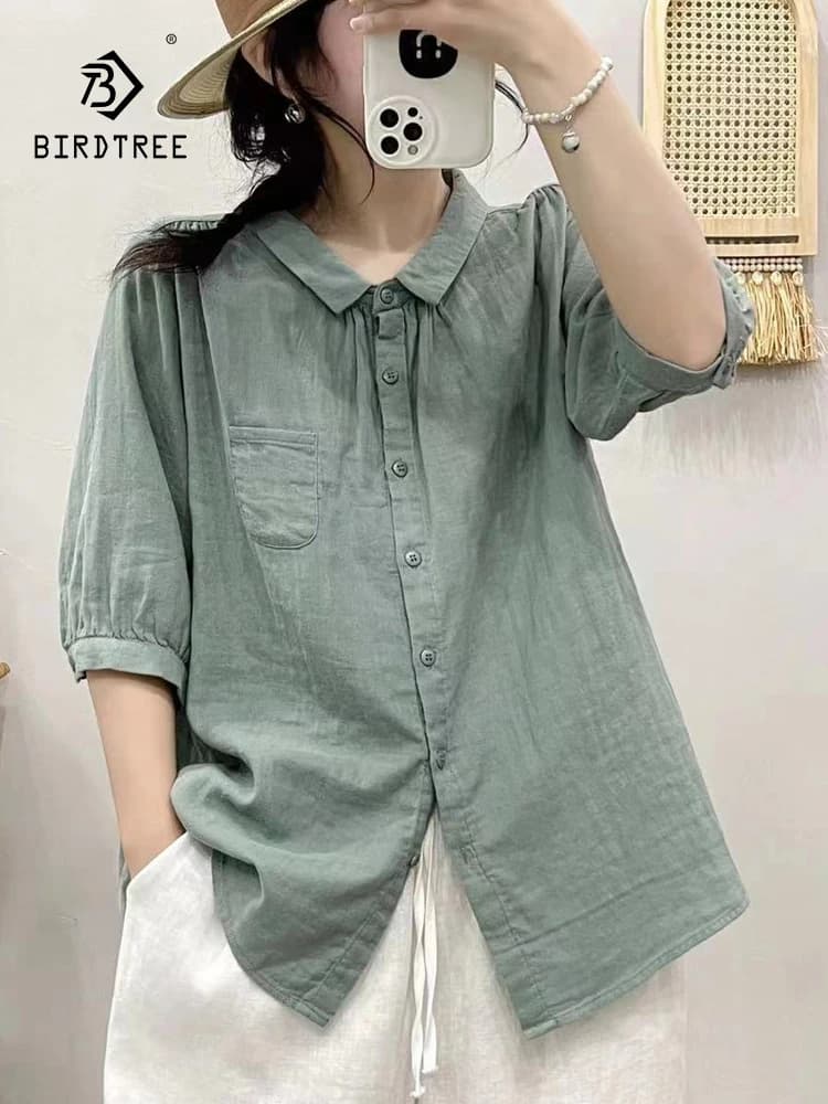 New Summer Cotton Yarn Shirt Women Lapel 3/4 Sleeve Literature Tops Girl Loose Pocket OL Casual Blouses 2024 Autumn T45854QC