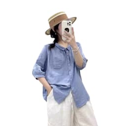 New Summer Cotton Yarn Shirt Women Lapel 3/4 Sleeve Literature Tops Girl Loose Pocket OL Casual Blouses 2024 Autumn T45854QC