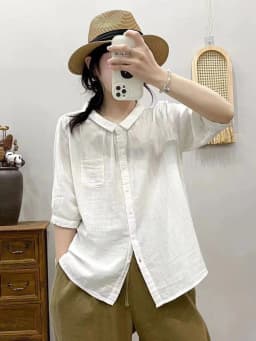 New Summer Cotton Yarn Shirt Women Lapel 3/4 Sleeve Literature Tops Girl Loose Pocket OL Casual Blouses 2024 Autumn T45854QC