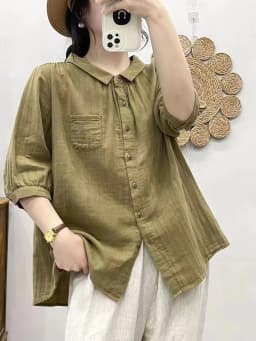 New Summer Cotton Yarn Shirt Women Lapel 3/4 Sleeve Literature Tops Girl Loose Pocket OL Casual Blouses 2024 Autumn T45854QC