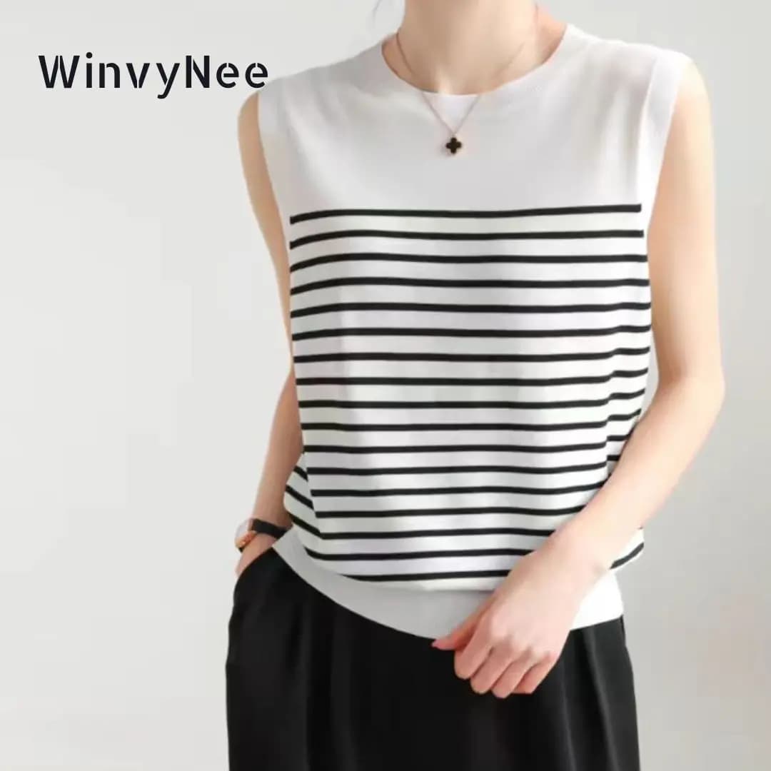 WinvyNee Summer Women's 100% Cotton Striped Camis Tank Top Vest O Neck Basic Clothing Casual Crop Top Women Pullover C1102001