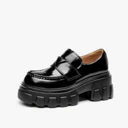 BEAUTODAY Platform Loafers Women Cow Leather Round Toe Triangle Marker Sewing Design Classical Black Shoes Female Handmade 26638
