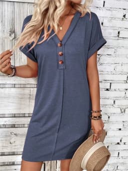 For Women Casual Trend Short Sleeve Mini Dress New Summer Fashion Solid V Neck Button Down Beach Party Dresses Femme Robe