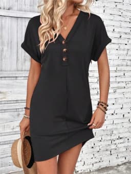 For Women Casual Trend Short Sleeve Mini Dress New Summer Fashion Solid V Neck Button Down Beach Party Dresses Femme Robe
