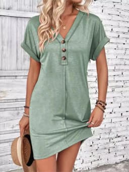For Women Casual Trend Short Sleeve Mini Dress New Summer Fashion Solid V Neck Button Down Beach Party Dresses Femme Robe