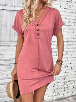For Women Casual Trend Short Sleeve Mini Dress New Summer Fashion Solid V Neck Button Down Beach Party Dresses Femme Robe