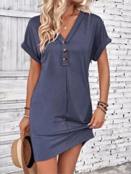For Women Casual Trend Short Sleeve Mini Dress New Summer Fashion Solid V Neck Button Down Beach Party Dresses Femme Robe