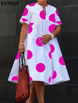 VONDA Plus Size 5XL Women Dress 2025 Summer Bohemian Polka Dot Maxi Long Dress V Neck Party Sundress Vestido Beach Robe Elegant