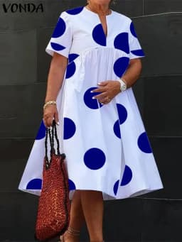 VONDA Plus Size 5XL Women Dress 2025 Summer Bohemian Polka Dot Maxi Long Dress V Neck Party Sundress Vestido Beach Robe Elegant