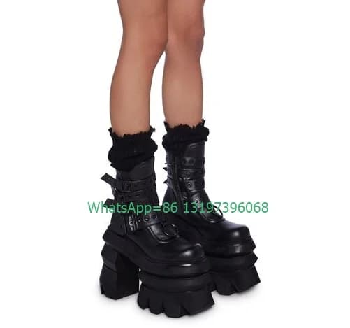 Lady Black Platform Gothic Spike Style Ankle Boots Sexy Side Zip Buckle Strap Boots Chunky Heel Footwear Size New Arrive Runway