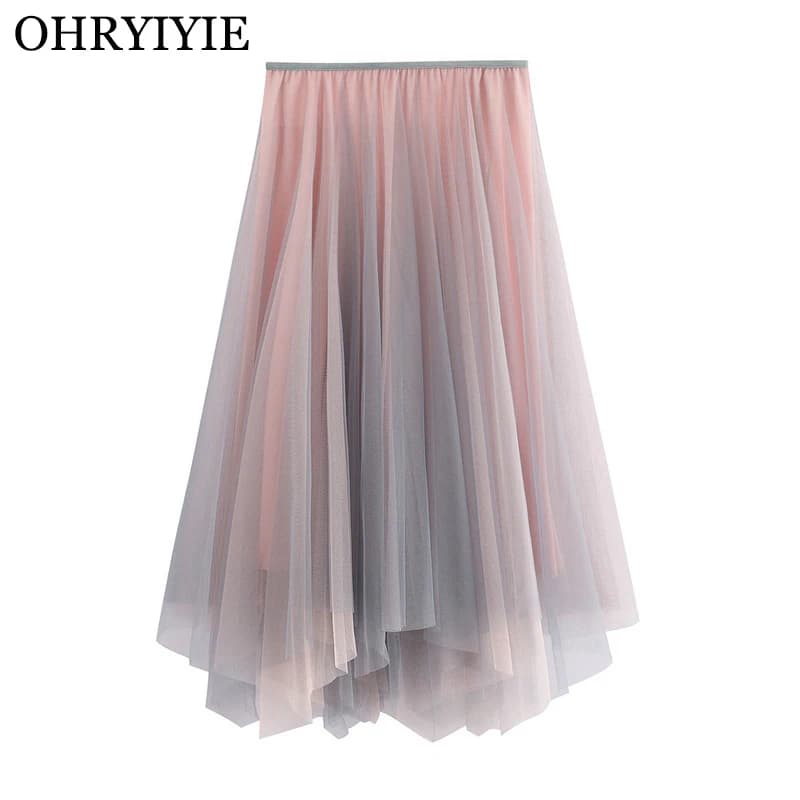 OHRYIYIE Black Green Summer Irregular Midi Long Tulle A-line Skirt Women Autumn Sweet Gradient Color High Waist Skirt Female