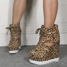 Summer Side Cut-out Leopard Short Boots Woman Wedge Heel Platform Lace Up Ankle Boots Gladiator High Top Sneaker Bottines