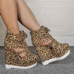 Summer Side Cut-out Leopard Short Boots Woman Wedge Heel Platform Lace Up Ankle Boots Gladiator High Top Sneaker Bottines