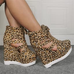 Summer Side Cut-out Leopard Short Boots Woman Wedge Heel Platform Lace Up Ankle Boots Gladiator High Top Sneaker Bottines