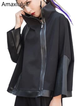 AmaxluluE Autumn 2025 Fashion Korean Ladies Punk Streetwear Womens Black Leather Patchwork Jacket Zipper Vintage Turtleneck Coat