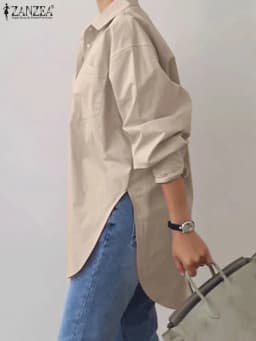 ZANZEA 2025 Spring Elegant Solid Split Hem Blouse Stylish Women Lapel Neck Long Sleeve Shirt Loose Tops Oversize OL Work Blusas