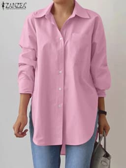 ZANZEA 2025 Spring Elegant Solid Split Hem Blouse Stylish Women Lapel Neck Long Sleeve Shirt Loose Tops Oversize OL Work Blusas