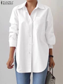 ZANZEA 2025 Spring Elegant Solid Split Hem Blouse Stylish Women Lapel Neck Long Sleeve Shirt Loose Tops Oversize OL Work Blusas