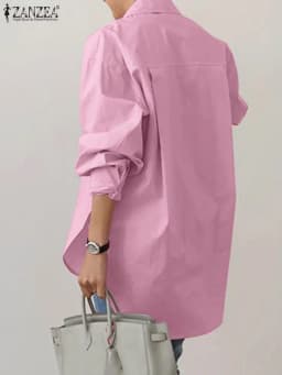 ZANZEA 2025 Spring Elegant Solid Split Hem Blouse Stylish Women Lapel Neck Long Sleeve Shirt Loose Tops Oversize OL Work Blusas