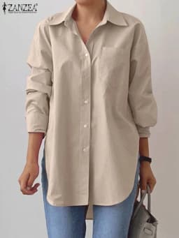 ZANZEA 2025 Spring Elegant Solid Split Hem Blouse Stylish Women Lapel Neck Long Sleeve Shirt Loose Tops Oversize OL Work Blusas