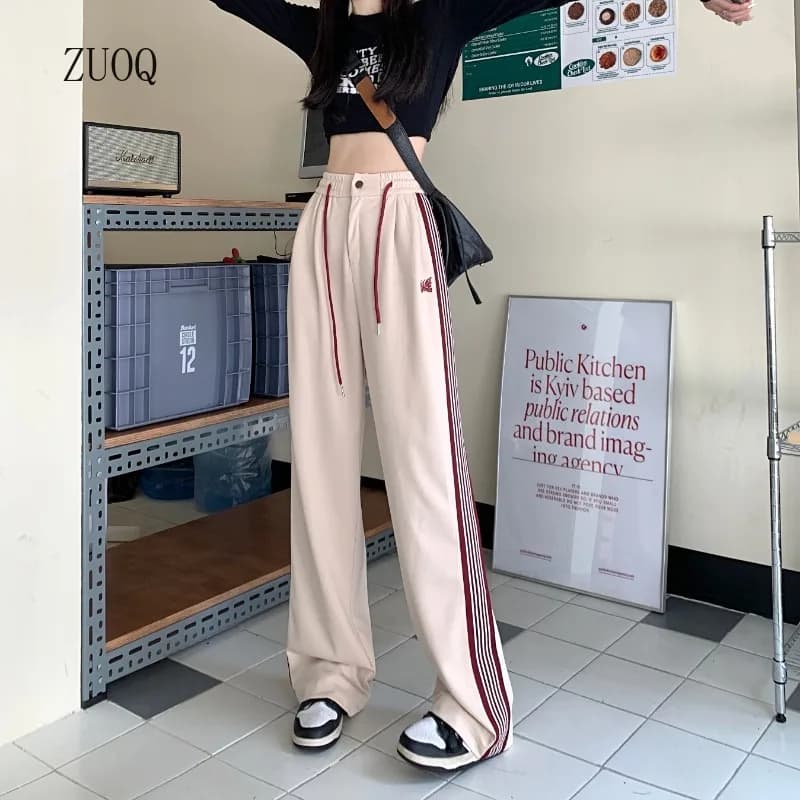 American Striped Pants Women 2025 Autumn Color Collision Loose Casual Straight Leg Sweatpants Versatile Fashion Trousers Female