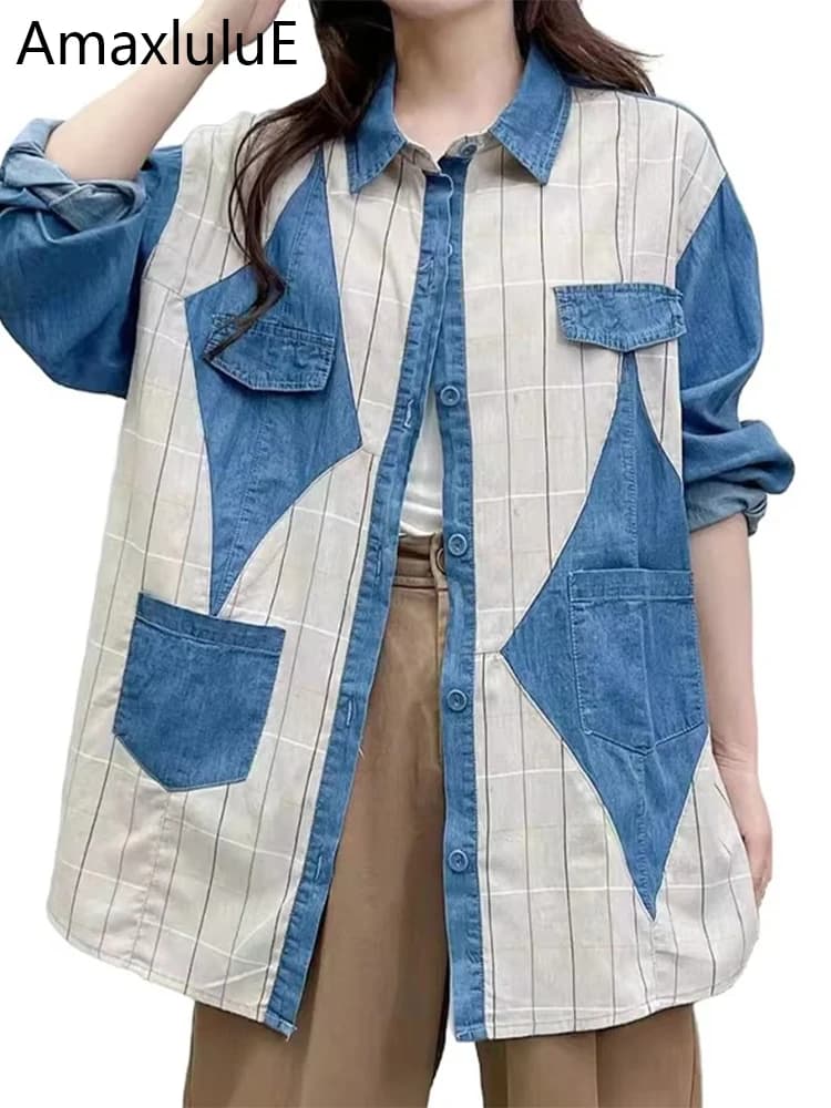 Amax luluE 2024 Fall Clothes Womens Fashion Plaid Denim Shirts Ladies Vintage Casual Big Size Blouses Classic Loose Luxury Tops