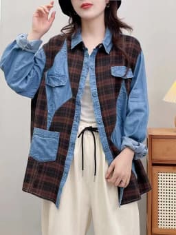 Amax luluE 2024 Fall Clothes Womens Fashion Plaid Denim Shirts Ladies Vintage Casual Big Size Blouses Classic Loose Luxury Tops