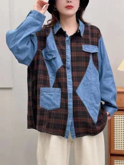 Amax luluE 2024 Fall Clothes Womens Fashion Plaid Denim Shirts Ladies Vintage Casual Big Size Blouses Classic Loose Luxury Tops