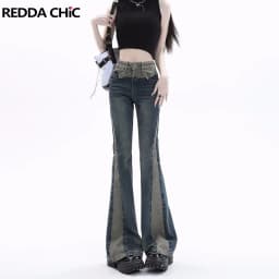 REDDACHiC Acubi Fashion Pants Grunge Y2k Vintage Blue Patchwork Flare Jeans Bootcut Trousers Female Stylish Korean Streetwear