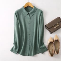 Birdtree 63.9% Silk 15.9%Cotton Shirt, 2025 Women's Autumn New Round, Solid Long Sleeve Sweater Knitted Blouses T37652QC