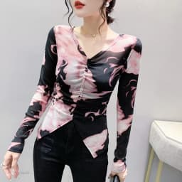 MadBlack Spring Summer European Clothes V Necks Tshirts Female Sexy Printed Drawstring Slim Thin Tops Short Sleeve T34330C