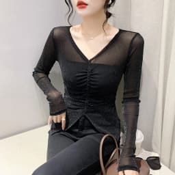 MadBlack Spring Summer European Clothes V Necks Tshirts Female Sexy Printed Drawstring Slim Thin Tops Short Sleeve T34330C