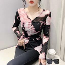 MadBlack Spring Summer European Clothes V Necks Tshirts Female Sexy Printed Drawstring Slim Thin Tops Short Sleeve T34330C