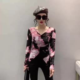 MadBlack Spring Summer European Clothes V Necks Tshirts Female Sexy Printed Drawstring Slim Thin Tops Short Sleeve T34330C