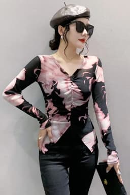 MadBlack Spring Summer European Clothes V Necks Tshirts Female Sexy Printed Drawstring Slim Thin Tops Short Sleeve T34330C