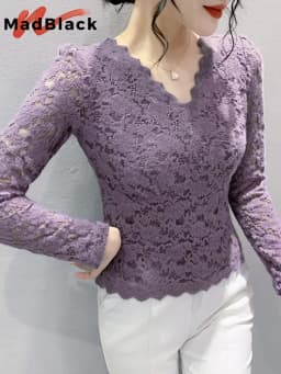 MadBlack Spring Lace Blouses European Clothes V Necks Women Blouse Niche Long Sleeve Outer Wear Workwear Bottoming Tops T33110Z