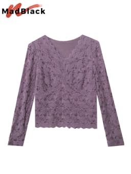 MadBlack Spring Lace Blouses European Clothes V Necks Women Blouse Niche Long Sleeve Outer Wear Workwear Bottoming Tops T33110Z