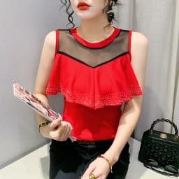 MadBlack Summer European Clothes Round Necks T-Shirts Ladies Sexy Ruffles Hot Drilling Slim Mesh Tops Short Sleeve Tees T34406C